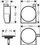 Technische Zeichnung eines Hansgrohe-Produkts mit verschiedenen Ansichten und Maßangaben. Die Abbildungen zeigen Form und Dimensionen des Designs für Montage und Installation.